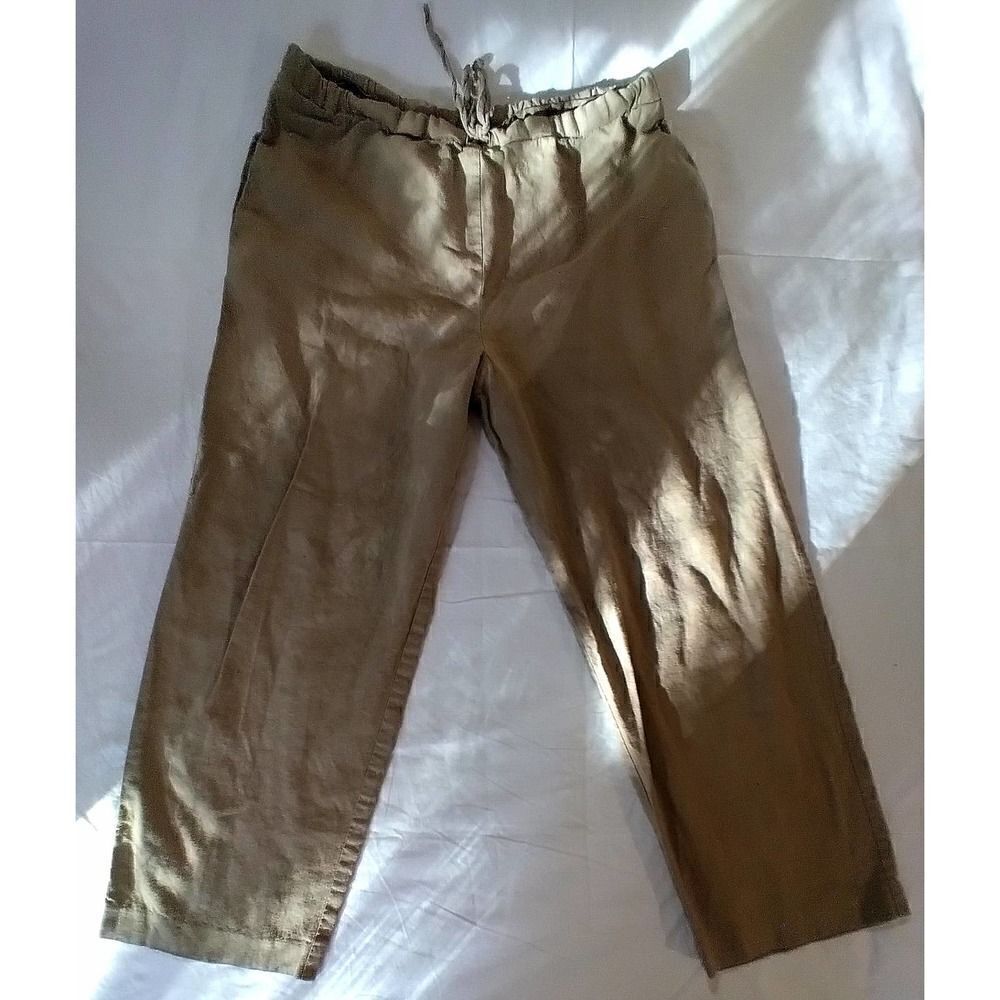 COLDWATER CREEK 100% LINEN LAGENLOOK WOMENS PANTS TAN ELASTIC WAIST SIZE MEDIUM